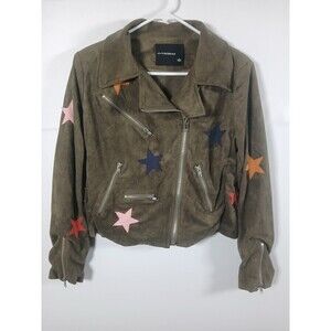 Olivaceous Olive Green Faux Suede Star Moto Jacket Size L EUC Zip Pockets Edgy
